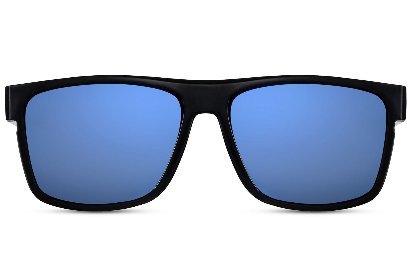 matte black frame and blue lens sunglasses in wayfarer style