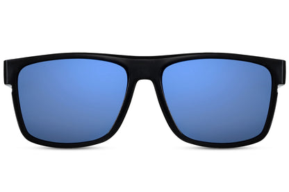 matte black frame and blue lens sunglasses in wayfarer style