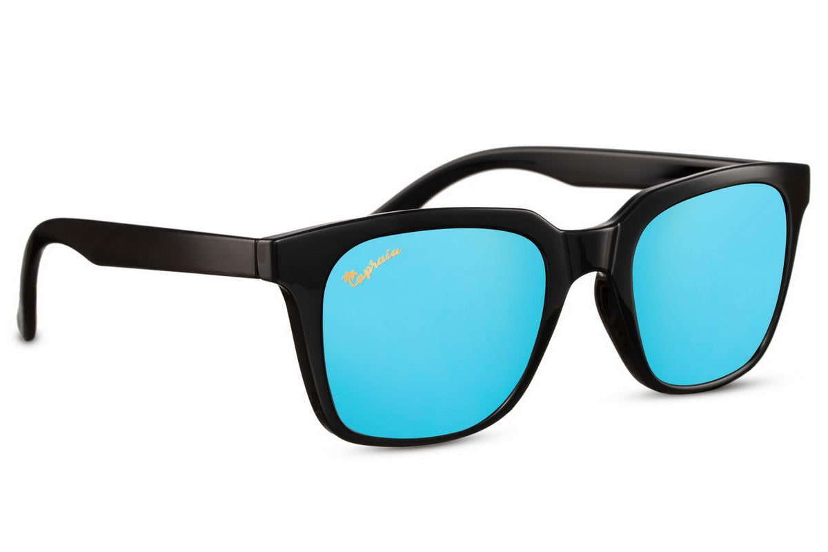 matte black frame and blue polarised lens sunglass