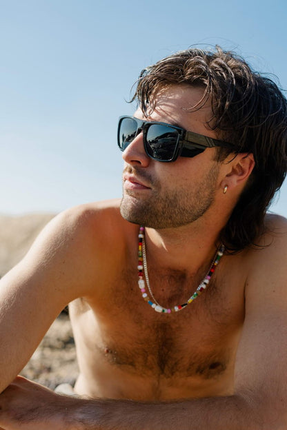 man wearing black shades with bold temples giving classy and modern look