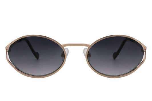 Metal frame oval sunglasses for women with gold frame and blue grey gradient recycled lens – premium look retro shades for everyday wear and holidays, free delivery across UK and Europe from Sunglass Station