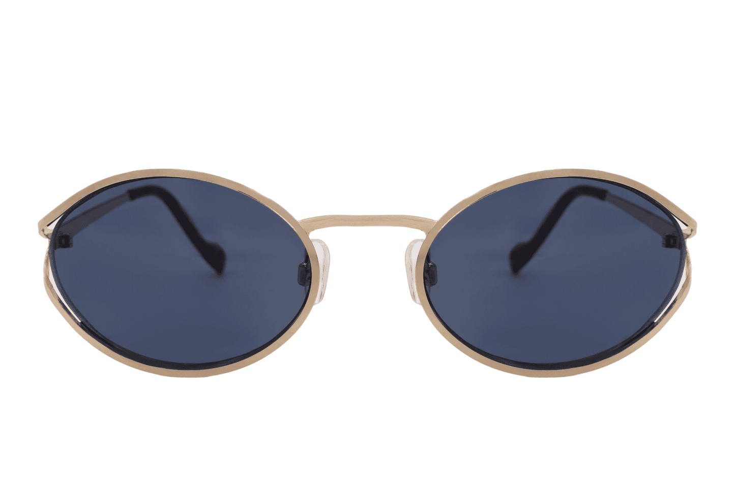 Metal frame oval sunglasses for women with gold frame and navy blue recycled rPMMA lens – elegant vintage retro shades with eco-friendly design, free delivery across UK and Europe from Sunglass Station
