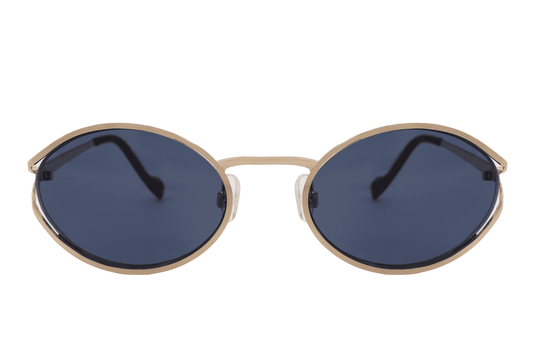 Metal frame oval sunglasses for women with gold frame and navy blue recycled rPMMA lens – elegant vintage retro shades with eco-friendly design, free delivery across UK and Europe from Sunglass Station