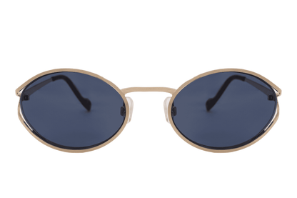 Metal frame oval sunglasses for women with gold frame and navy blue recycled rPMMA lens – elegant vintage retro shades with eco-friendly design, free delivery across UK and Europe from Sunglass Station