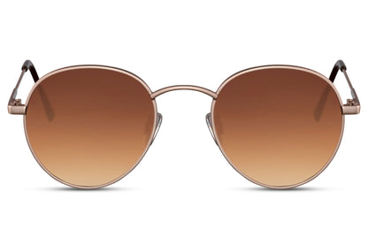 Metal frame round sunglasses gold metal frame warm brown amber gradient lens 100% UV400 protection men women retro classic elegant summer city holiday brunch beach free UK Europe delivery Sunglass Station