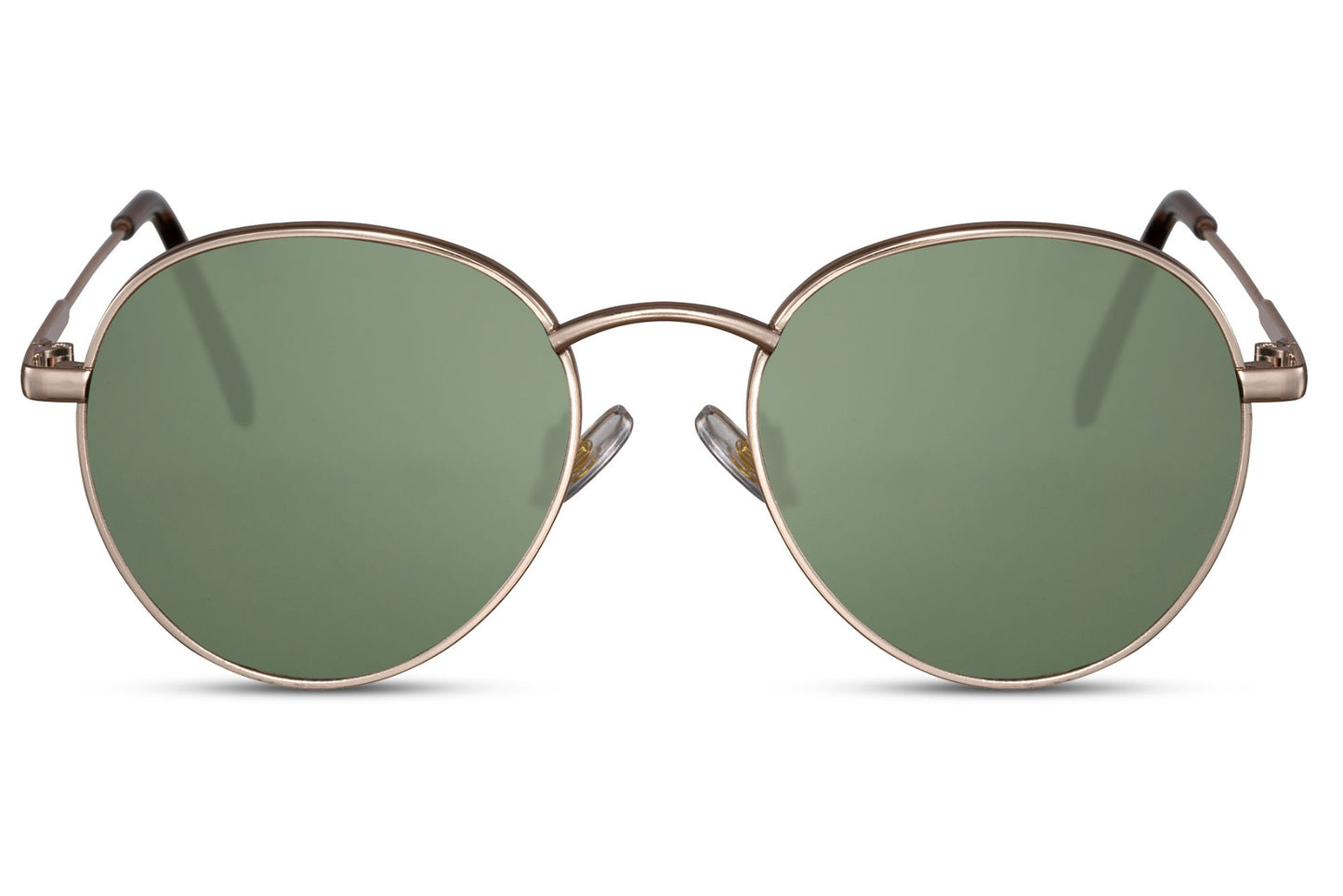 Metal frame round sunglasses gold metal frame temple detail green lens durable 100% UV400 protection men women sturdy lightweight flexible comfortable all-day wear free UK Europe delivery Sunglass Station