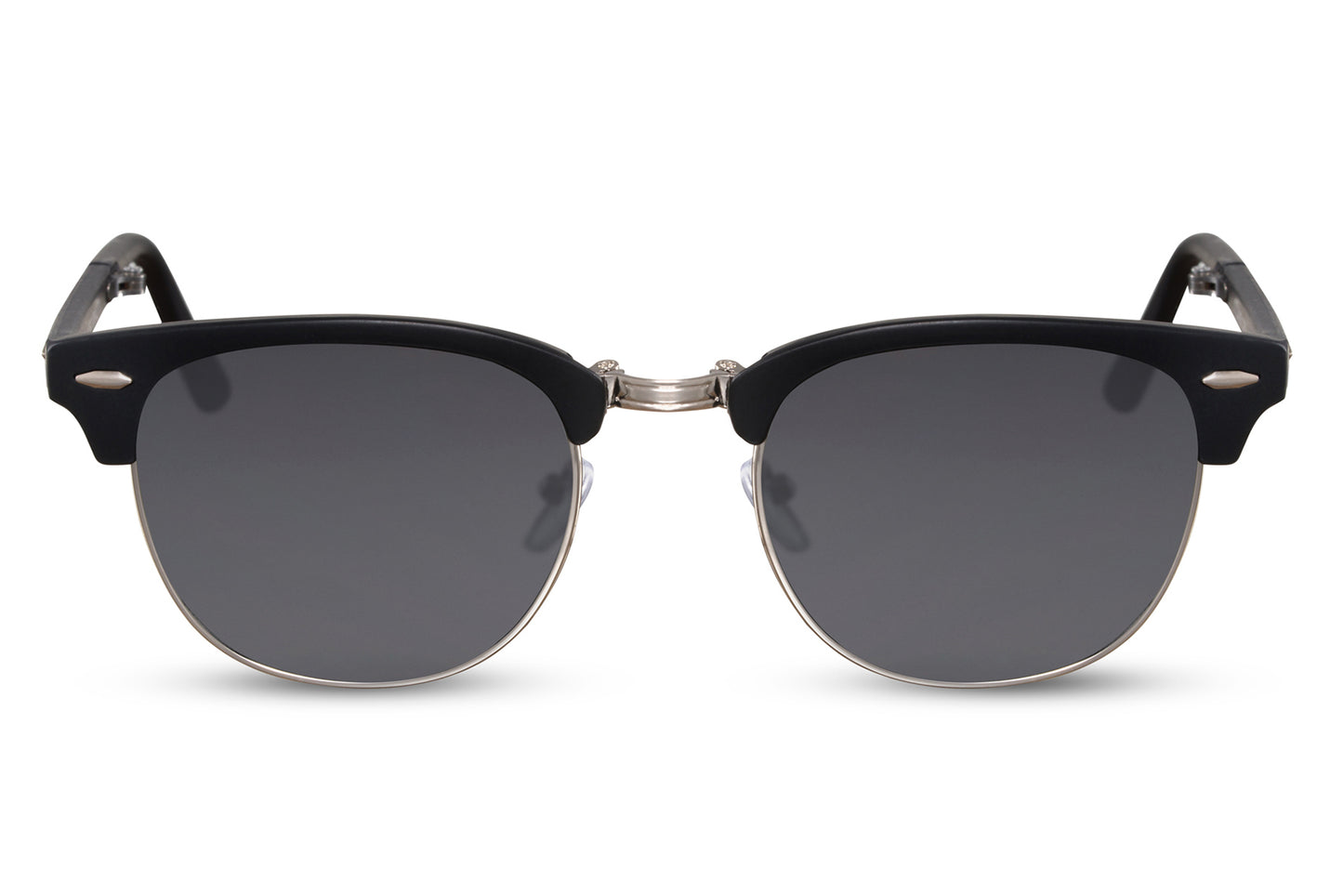 A pair of foldable clubmaster sunglasses with a black metal frame, featuring a cat-eye lens design.