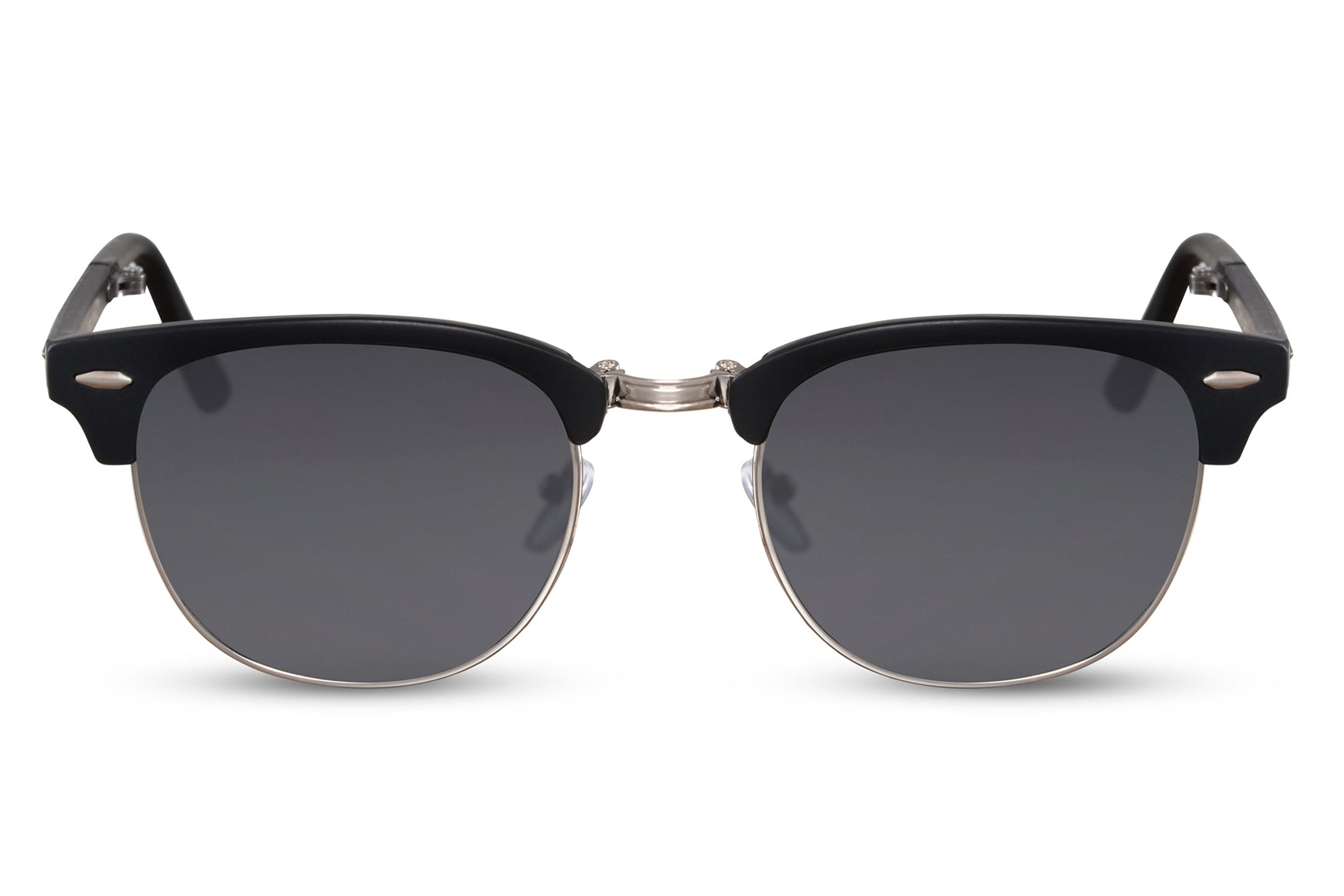A pair of foldable clubmaster sunglasses with a black metal frame, featuring a cat-eye lens design.