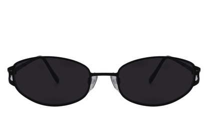 Metal oval sunglasses with black frame and black lens – sleek unisex retro shades for men and women, minimalist designer-style eyewear for city and travel wear, free delivery UK and Europe from Sunglass Station