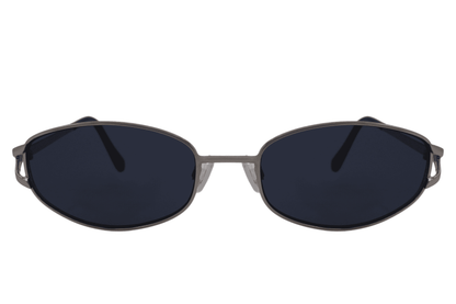 Metal oval sunglasses with black frame and dark blue navy lens – sleek unisex retro shades for men and women, minimalist designer-style eyewear for city and travel wear, free delivery UK and Europe from Sunglass Station