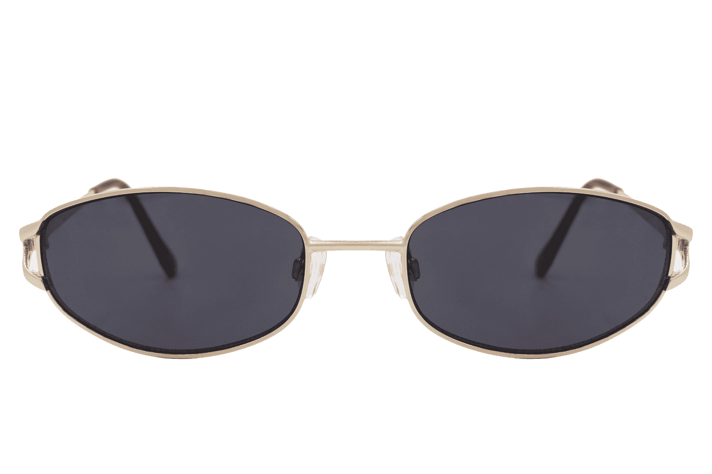 Metal oval sunglasses with gold frame and grey tinted lens – sustainable unisex retro eyewear for city wear, travel and holidays, free delivery across UK and Europe from Sunglass Station