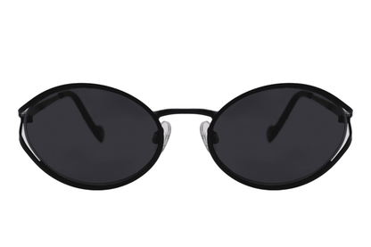 Metal oval sunglasses for women with black frame and smoke black recycled lens – sleek minimalist retro shades for city wear and going out, Sunglass Station free shipping UK and Europe