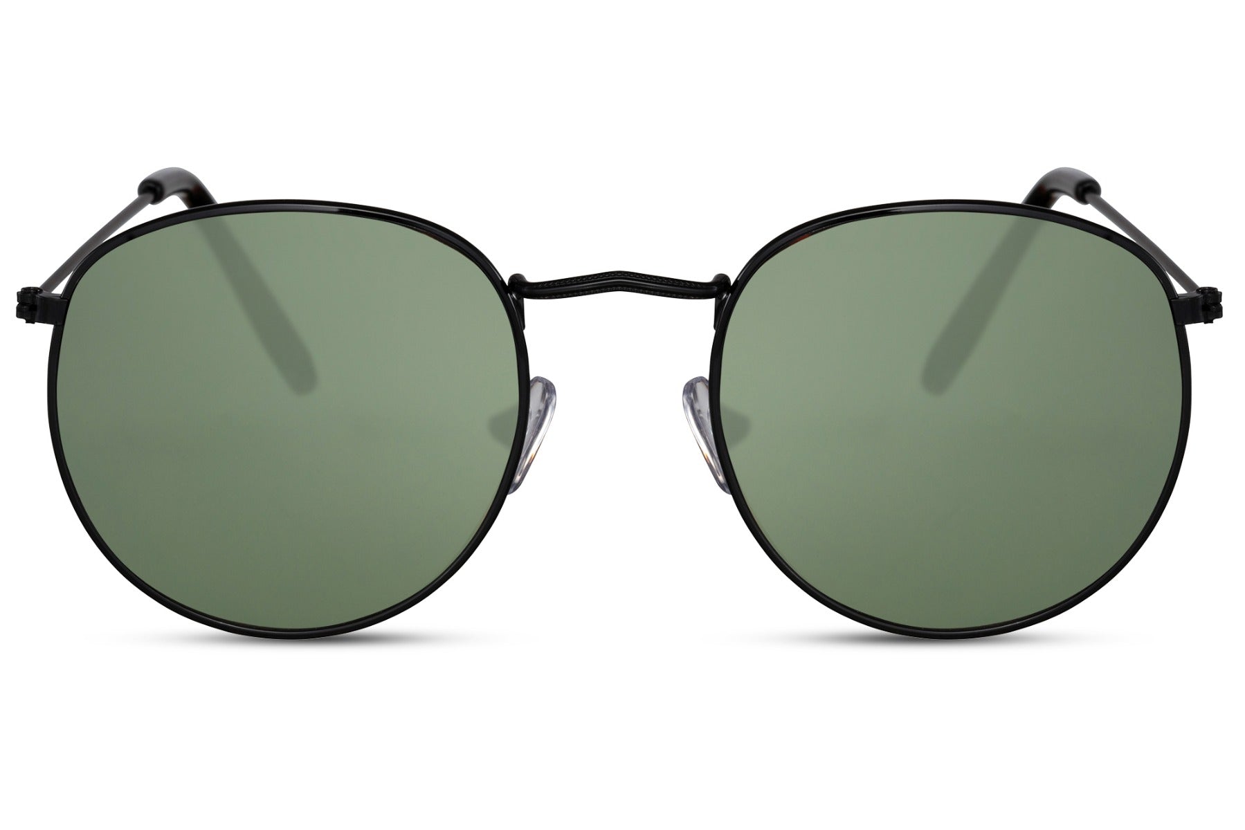 Milan retro round sunglasses black slim metal frame green recycled lens angle view lightweight UV400 protection unisex retro chic summer free UK Europe shipping Sunglass Station