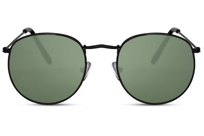 Milan retro round sunglasses black slim metal frame green recycled lens angle view lightweight UV400 protection unisex retro chic summer free UK Europe shipping Sunglass Station