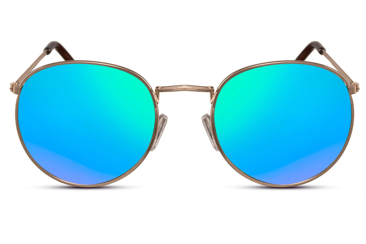 Milan retro round sunglasses gold metal frame blue mirror recycled lens 100% UV400 protection men women bold statement summer beach festival eyewear free UK Europe delivery Sunglass Station