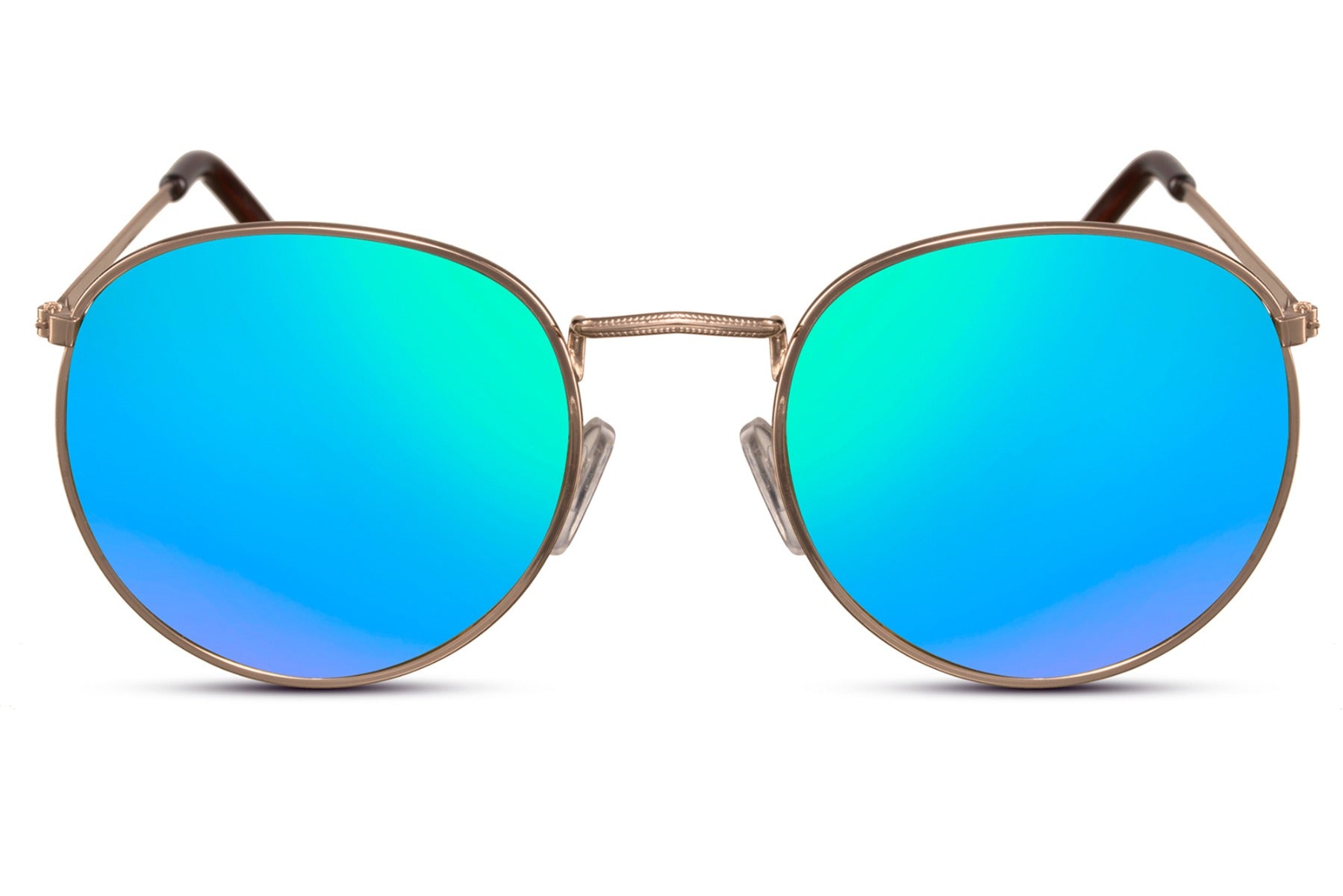 Milan retro round sunglasses gold metal frame blue mirror recycled lens 100% UV400 protection men women bold statement summer beach festival eyewear free UK Europe delivery Sunglass Station