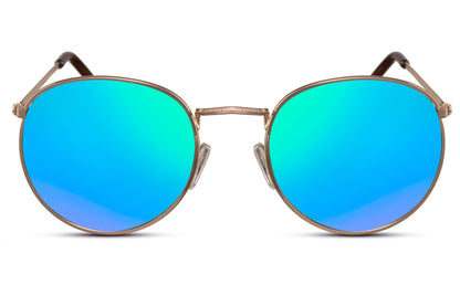 Milan retro round sunglasses gold metal frame blue mirror recycled lens 100% UV400 protection men women bold statement summer beach festival eyewear free UK Europe delivery Sunglass Station