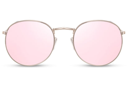 Milan retro round sunglasses gold metal frame pink recycled lens 100% UV400 protection women retro chic feminine summer festival brunch city style free UK Europe shipping Sunglass Station