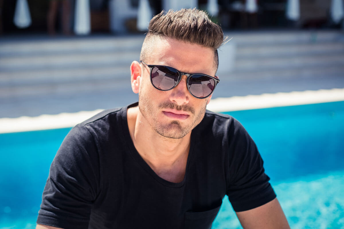 Men wearing Milan round tinted sunglasses black metal frame smoke gradient lens UV400 protection bold Italian inspired retro summer outdoor pool city beach holiday festival eyewear free UK Europe shipping Sunglass Station