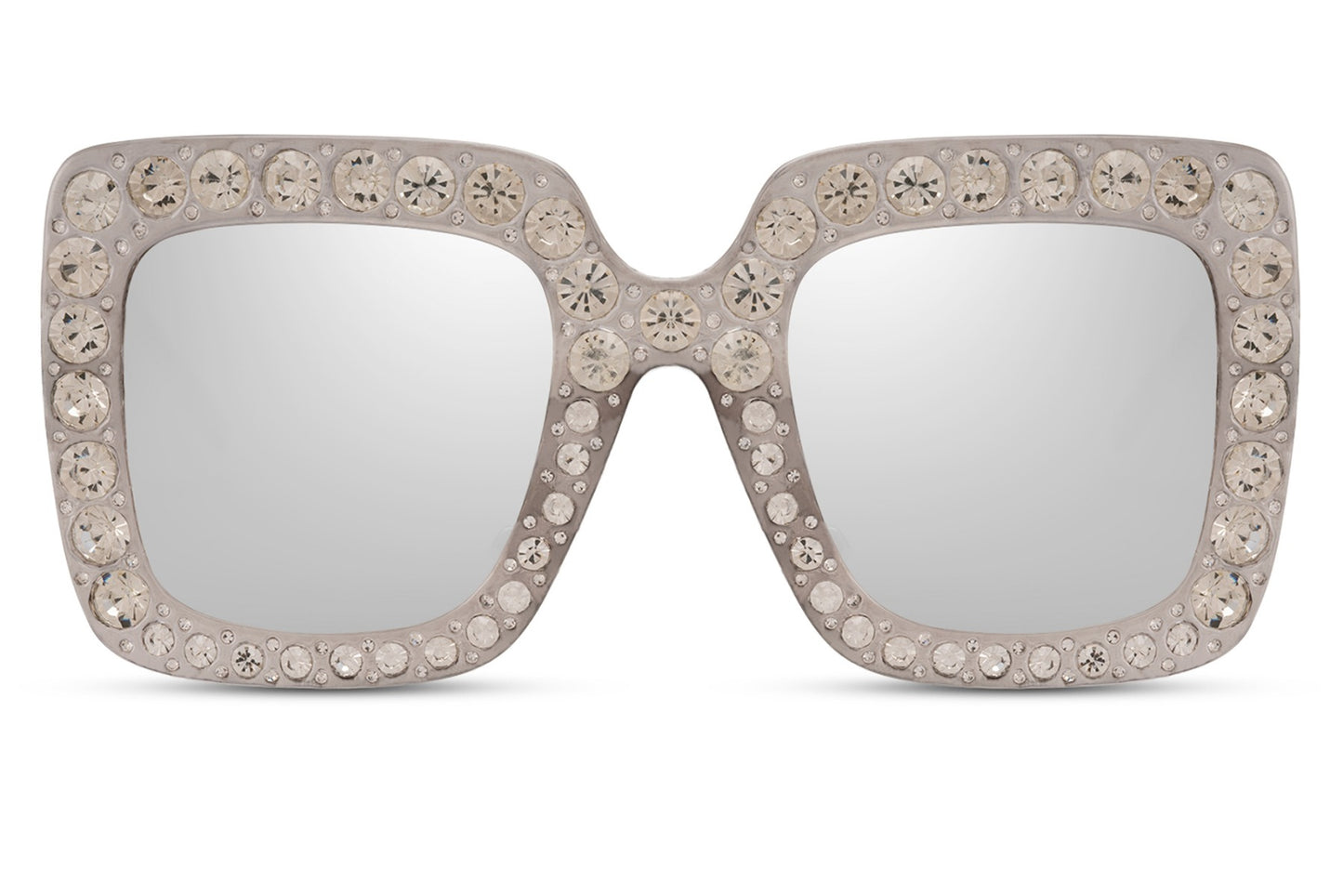 A pair of mirrored sunglasses with a diamond detail frame, the lenses are reflecting light, and the frame appears to be brown and grey.