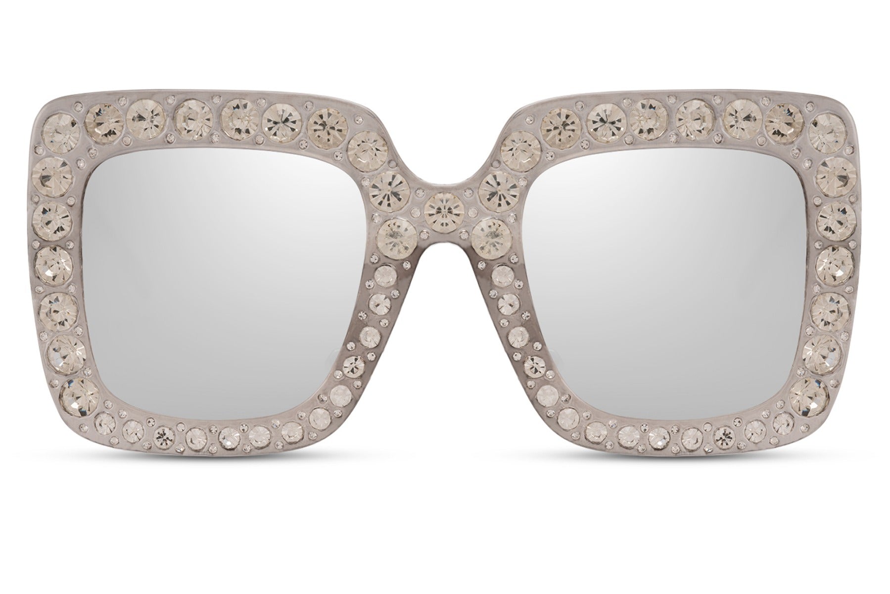 A pair of mirrored sunglasses with a diamond detail frame, the lenses are reflecting light, and the frame appears to be brown and grey.