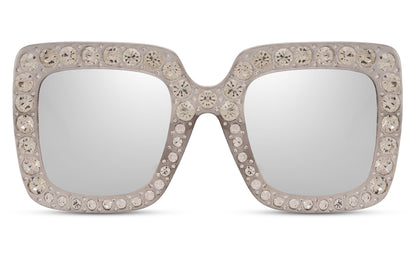 A pair of mirrored sunglasses with a diamond detail frame, the lenses are reflecting light, and the frame appears to be brown and grey.