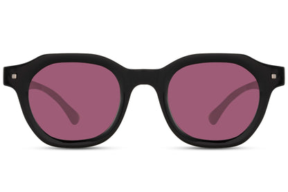 Modern angular round sunglasses black polycarbonate frame purple wine tinted lens UV400 protection men women bold oversized statement retro summer festival city beach free UK Europe delivery Sunglass Station