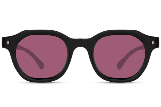 Modern angular round sunglasses black polycarbonate frame purple wine tinted lens UV400 protection men women bold oversized statement retro summer festival city beach free UK Europe delivery Sunglass Station