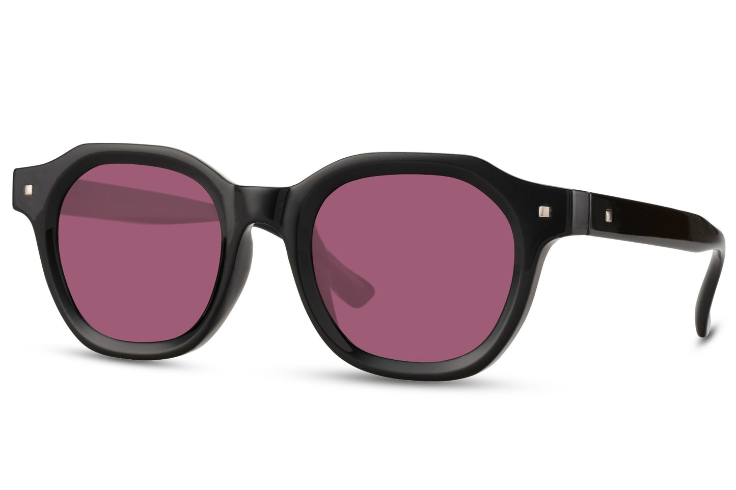 Modern angular round sunglasses black polycarbonate frame purple wine lens UV400 protection men women bold angular oversized retro everyday summer city festival free UK Europe shipping Sunglass Station