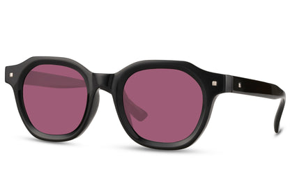 Modern angular round sunglasses black polycarbonate frame purple wine lens UV400 protection men women bold angular oversized retro everyday summer city festival free UK Europe shipping Sunglass Station