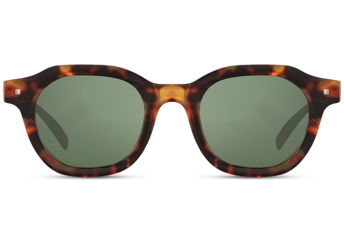 Modern angular round sunglasses tortoiseshell brown polycarbonate frame green tinted lens UV400 protection men women retro vintage angular oversized summer city outdoor festival free UK Europe shipping Sunglass Station