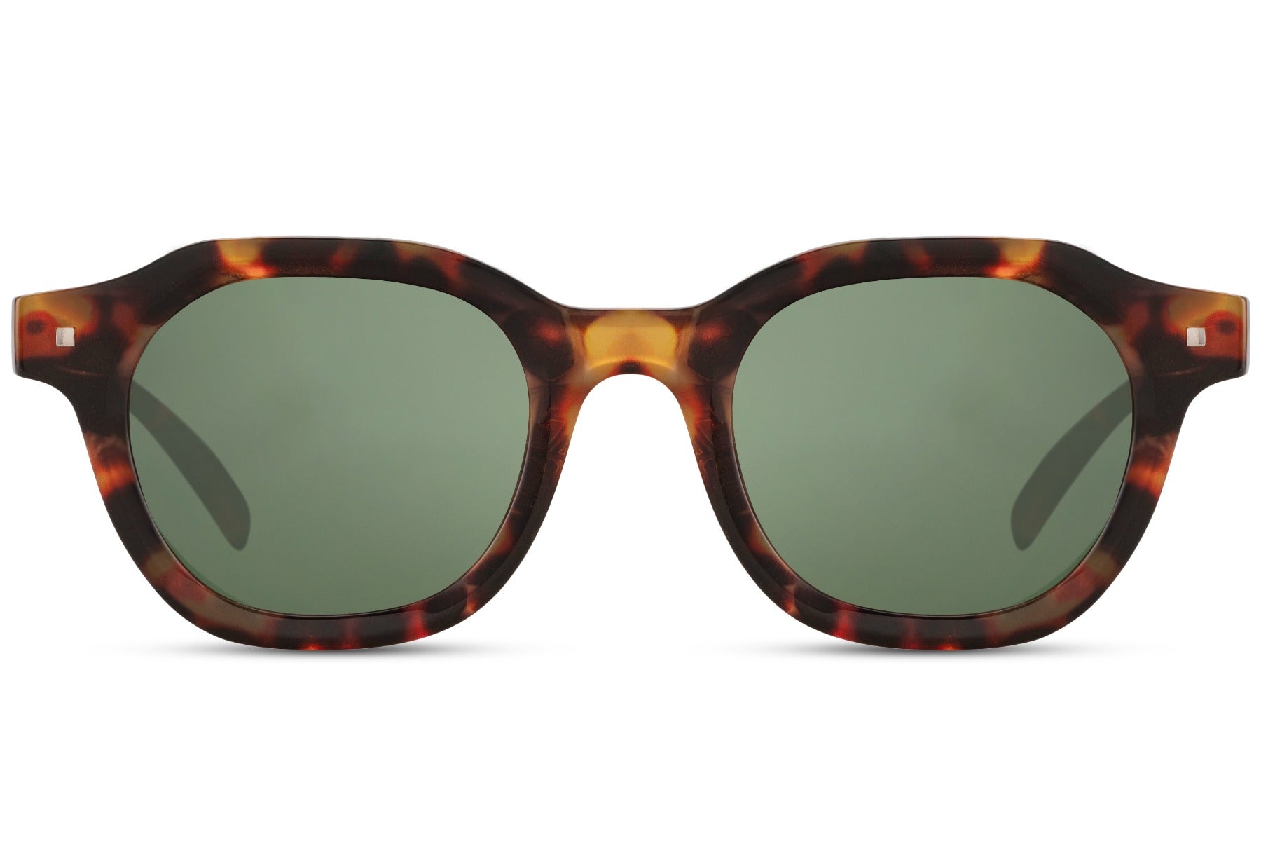 Modern angular round sunglasses tortoiseshell brown polycarbonate frame green tinted lens UV400 protection men women retro vintage angular oversized summer city outdoor festival free UK Europe shipping Sunglass Station