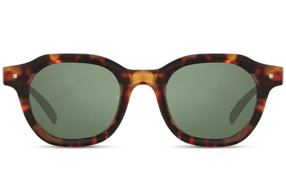 Modern angular round sunglasses tortoiseshell brown polycarbonate frame green tinted lens UV400 protection men women retro vintage angular oversized summer city outdoor festival free UK Europe shipping Sunglass Station