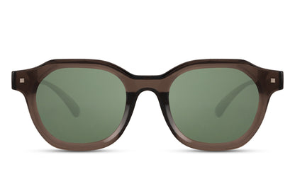 Modern angular round sunglasses yellow polycarbonate frame green tinted lens UV400 protection men women bold statement oversized summer festival beach city eyewear free UK Europe delivery Sunglass Station