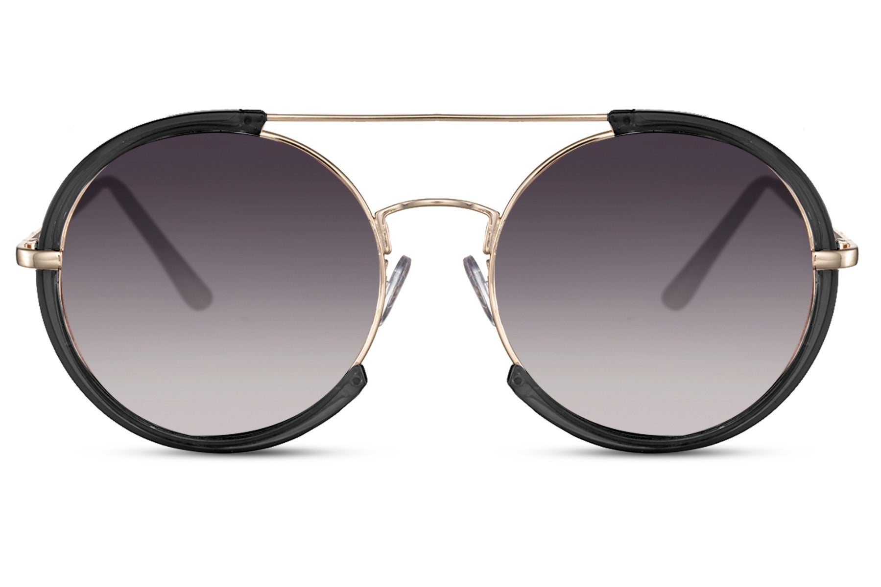 Modern oversized round sunglasses black metal polycarbonate frame gradient grey lens 100% UV400 protection women men summer city beach free UK Europe delivery Sunglass Station
