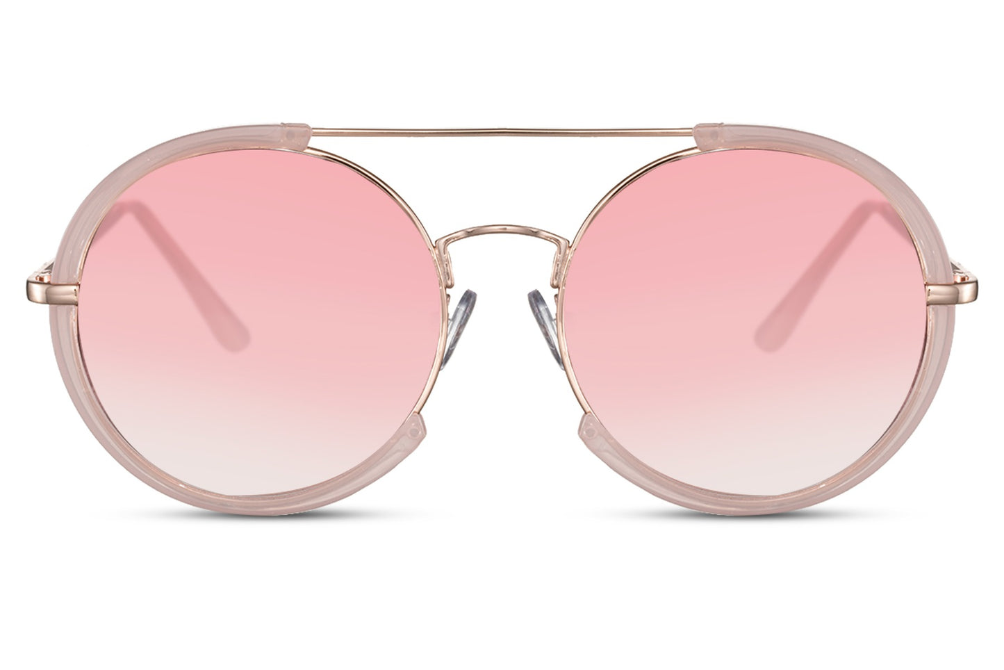 Modern oversized round sunglasses pink metal frame pink tinted lens 100% UV400 protection women summer beach festival glamorous eyewear free UK Europe delivery Sunglass Station