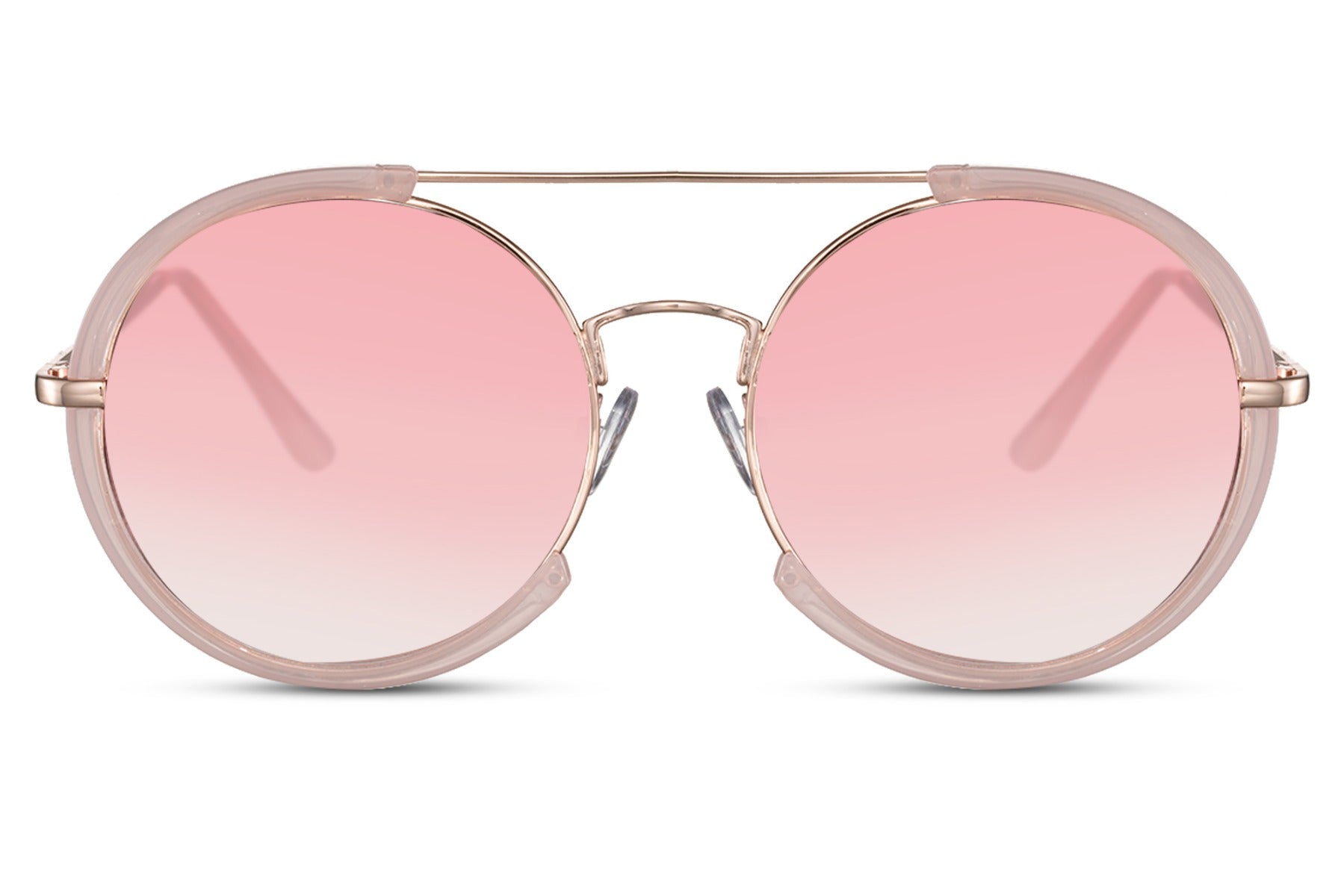 Modern oversized round sunglasses pink metal frame pink tinted lens 100% UV400 protection women summer beach festival glamorous eyewear free UK Europe delivery Sunglass Station