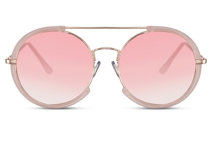 Modern oversized round sunglasses pink metal frame pink tinted lens 100% UV400 protection women summer beach festival glamorous eyewear free UK Europe delivery Sunglass Station