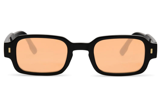 Amsterdam sleek rectangle sunglasses for men with black polycarbonate frame and peach orange translucent lens – retro street style rectangle shades for city wear and going out, free delivery across UK and Europe from Sunglass Station