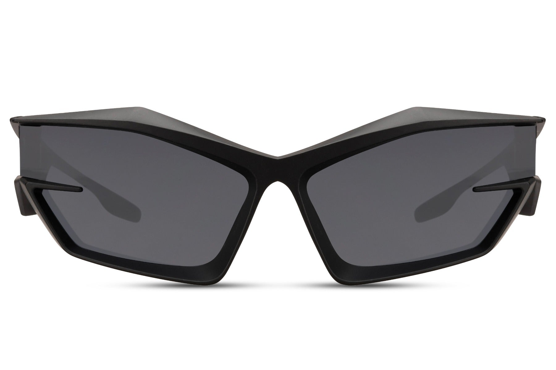 Black neo cyber party sunglasses — sharply angular wraparound frame in polycarbonate, 7.5cm wide lens across a 16cm frame, the most architecturally aggressive silhouette in the collection for men and women who dress at the edge, UV400
