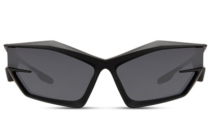 Black neo cyber party sunglasses — sharply angular wraparound frame in polycarbonate, 7.5cm wide lens across a 16cm frame, the most architecturally aggressive silhouette in the collection for men and women who dress at the edge, UV400
