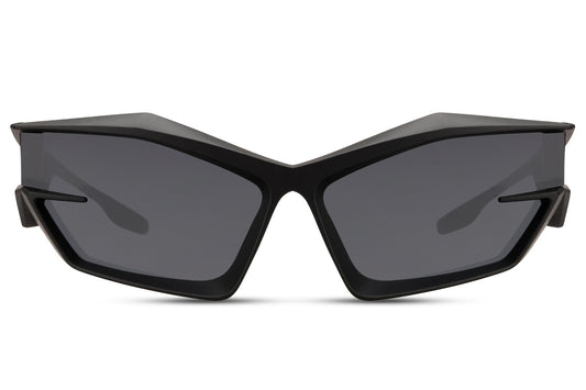 Black neo cyber party sunglasses — sharply angular wraparound frame in polycarbonate, 7.5cm wide lens across a 16cm frame, the most architecturally aggressive silhouette in the collection for men and women who dress at the edge, UV400
