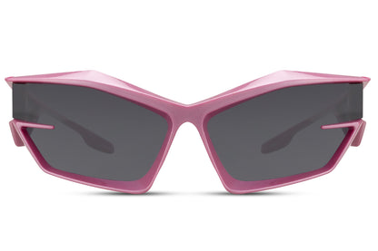 Pink transparent frame neo cyber party sunglasses with dark lens — the cyber silhouette in its most disruptive colourway, bold unisex eyewear that reads Tokyo Harajuku and London East End simultaneously | Sunglass Station