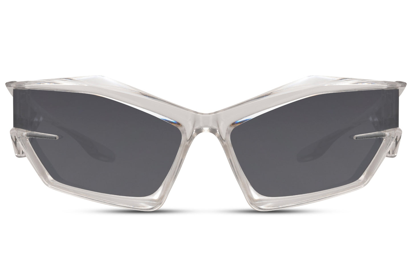 Transparent clear frame neo cyber party sunglasses with dark lens — the ghost colourway of the most angular frame in the collection, Y2K futurism at its most refined for men and women, free delivery UK & Europe
