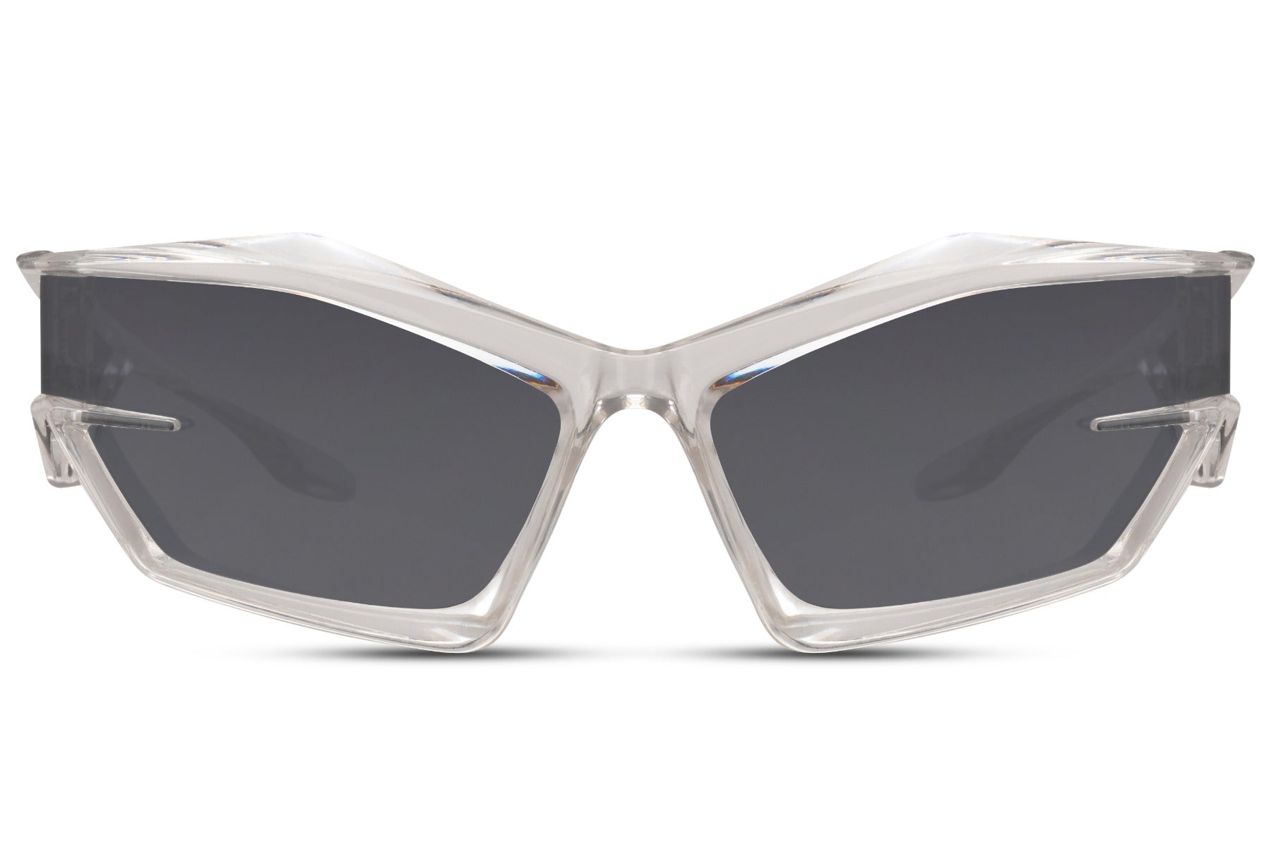 Transparent clear frame neo cyber party sunglasses with dark lens — the ghost colourway of the most angular frame in the collection, Y2K futurism at its most refined for men and women, free delivery UK & Europe