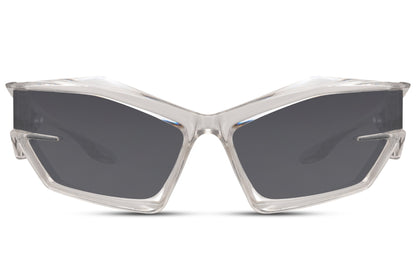 Transparent clear frame neo cyber party sunglasses with dark lens — the ghost colourway of the most angular frame in the collection, Y2K futurism at its most refined for men and women, free delivery UK & Europe