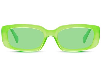 Bright neon green rectangle sunglasses, a defining 2026 European runway eyewear trend. Shop at sunglass station