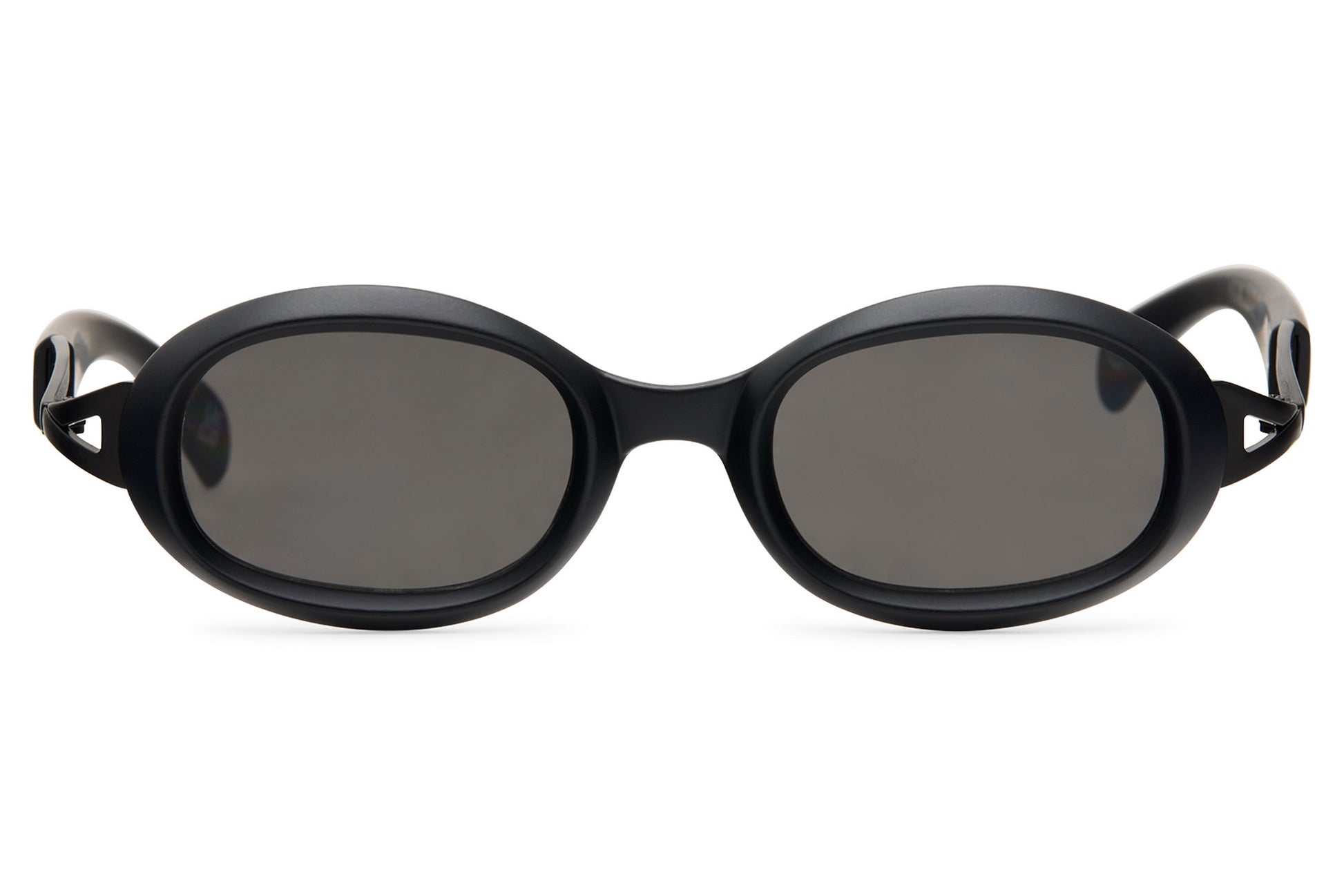 Black bold oval party sunglasses with sculptural temple detail — architectural unisex eyewear where fashion and function meet, 100% recycled polycarbonate, UV400 protection