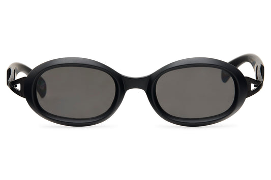 Black bold oval party sunglasses with sculptural temple detail — architectural unisex eyewear where fashion and function meet, 100% recycled polycarbonate, UV400 protection