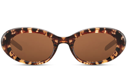 Oval streetstyle sunglasses with brown animal print recycled polyester frame and green UV protection lens – sustainable retro shades for festivals and summer holidays, free UK and Europe delivery from Sunglass Station